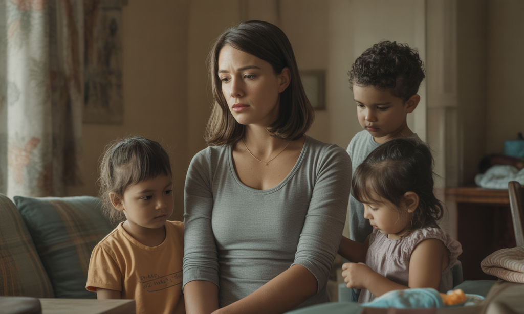 elle élève seule ses trois enfants et fait face à un nouveau défi après la perte soudaine de sa nounou, cherchant des solutions pour continuer à gérer son quotidien.
